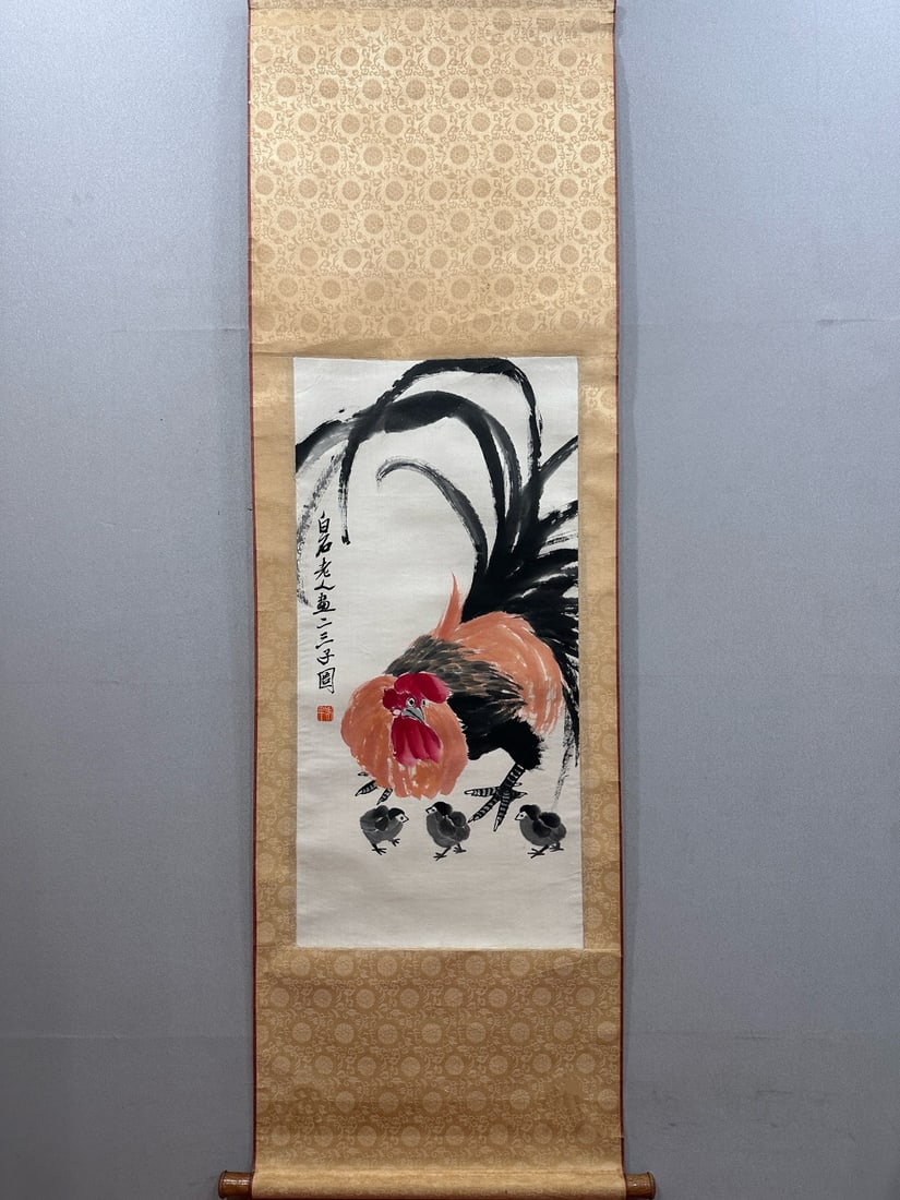 A Chinese Vertical Scroll Ink Painting of Rooster on Paper: A Chinese Vertical Scroll Ink Painting of Rooster on Paper,Qi Baishi,Size:15.7inx32.7in 一幅中国水墨公鸡画立轴,齐白石