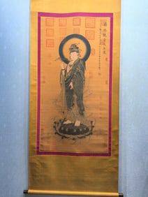A Chinese Vertical Scroll Ink Statue of Avalokitesvara on Silk