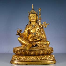 A Solemn Gilt Bronze Statue of Padma Sambhava,Inlaid Turquoise