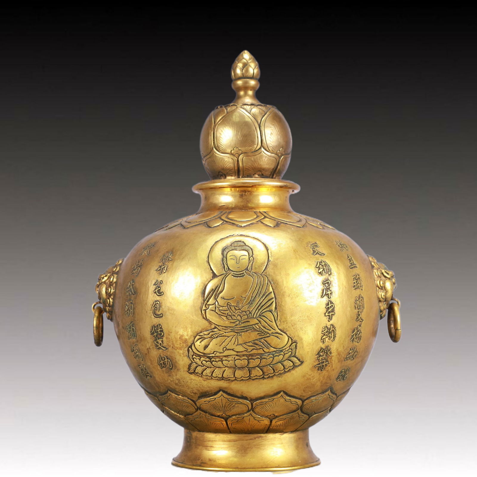 A Rare Gilt Bronze Buddha Statue Pattern Double-Ears Pot: A Rare Gilt Bronze Buddha Statue Pattern Double-Ears Pot,Tang Dynasty, China,Size:7.5inx5.9inx9.8in,Weight:800g 