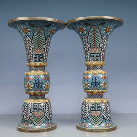 A Pair of Huge Cloisonne Lotus,Bats and Peach Pattern Vases