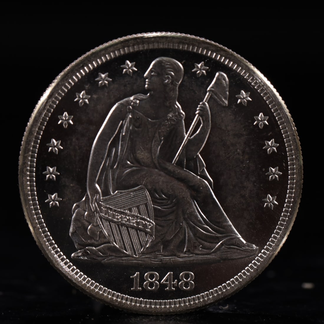 USA One Dollar 1848 Coin: American coin. IN GOD WE TRUST / LIBERTY / 1848 / UNITED STATES OF AMERICA / ONE DOL. Weight:26.9g.