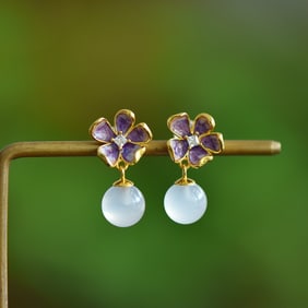 A Pair of Exquisite Sterling Silver-Gold Plated Inlaid Agate Earrings