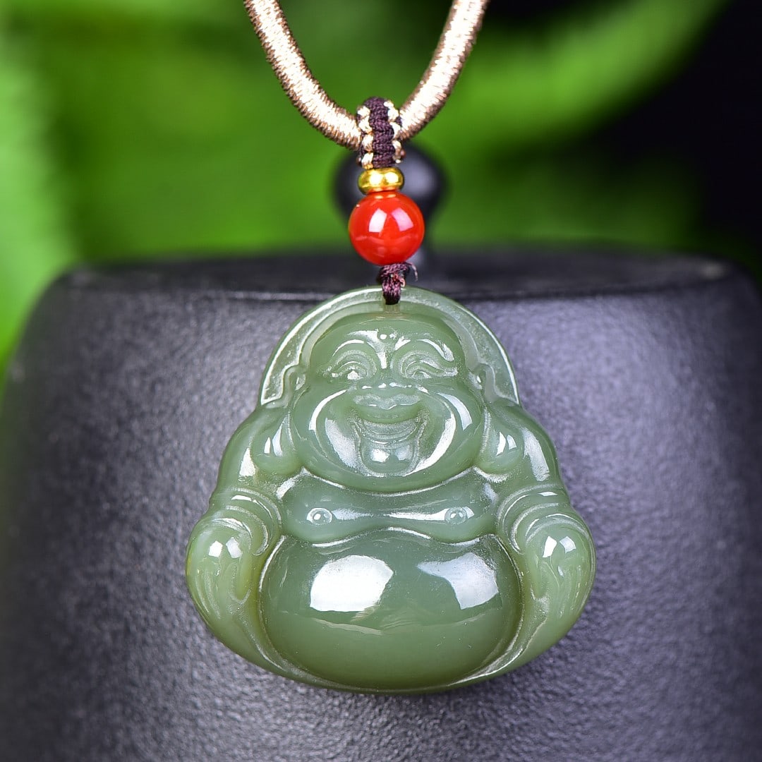 An Exquisite Greenish Jade Statue of Maitreya Buddha Pendant: An Exquisite Greenish Jade Statue of Maitreya Buddha Pendant,Size:1.3inx1.3in 青玉弥勒佛像挂件