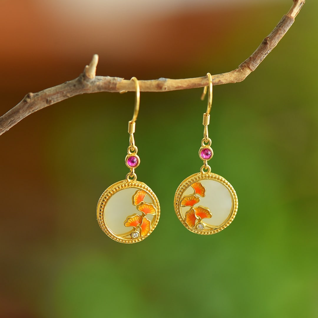 A Pair of Exquisite Sterling Silver-Gold Plated Inlaid White Jade Enamel Earrings: A Pair of Exquisite Sterling Silver-Gold Plated Inlaid White Jade Enamel Earrings, 一对纯银镀金镶白玉珐琅耳环