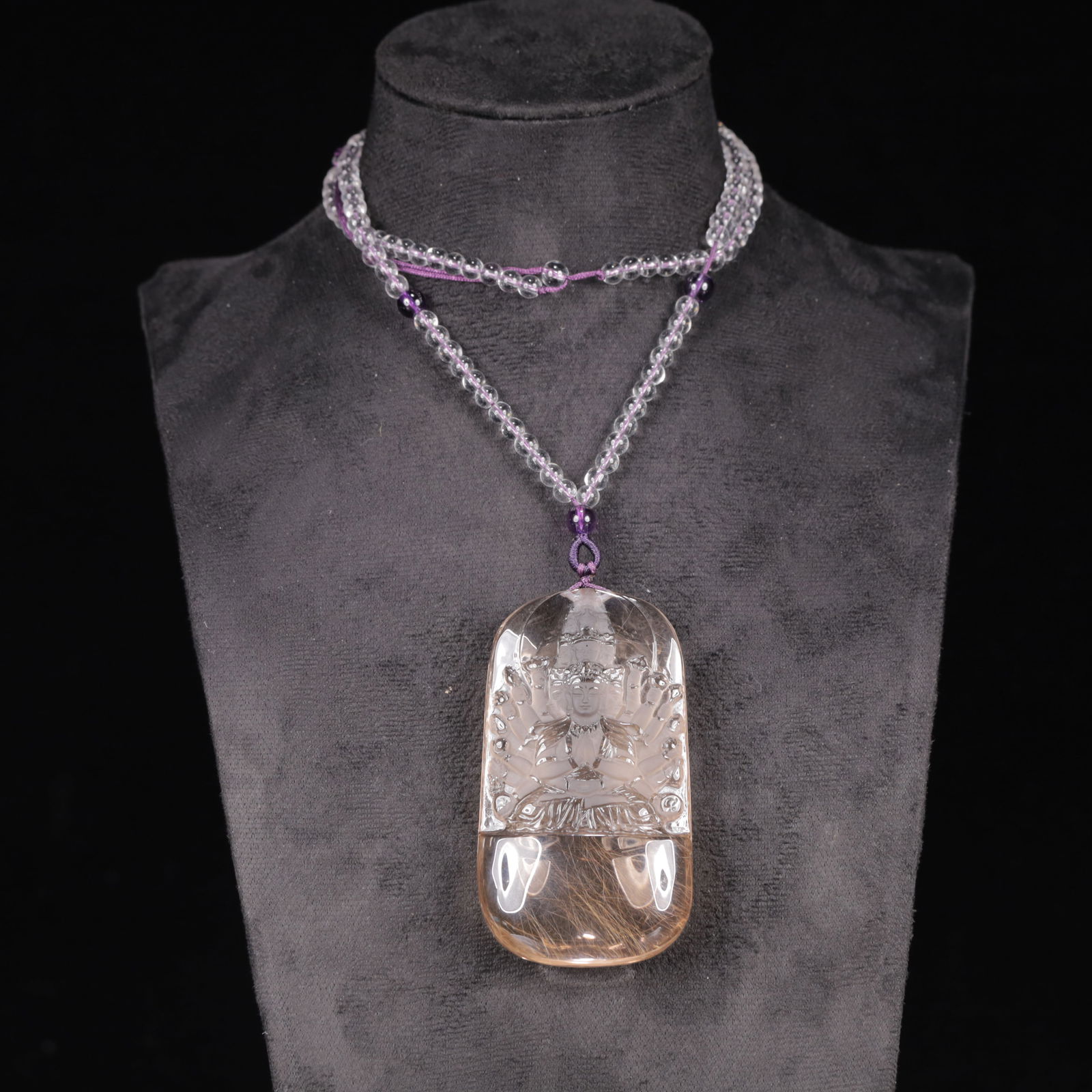 An Exquisite Crystal Statue of Thousand-hand Guanyin Pendant: An Exquisite Crystal Statue of Thousand-hand Guanyin Pendant,Size:1.6inx0.6inx2.8in,Weight:90g 水晶观音千手观音像挂件