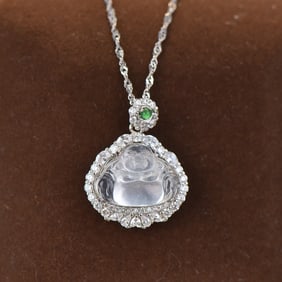An Exquisite Sterling Silver Inlaid Jadeite Pendant,Inlaid Diamond