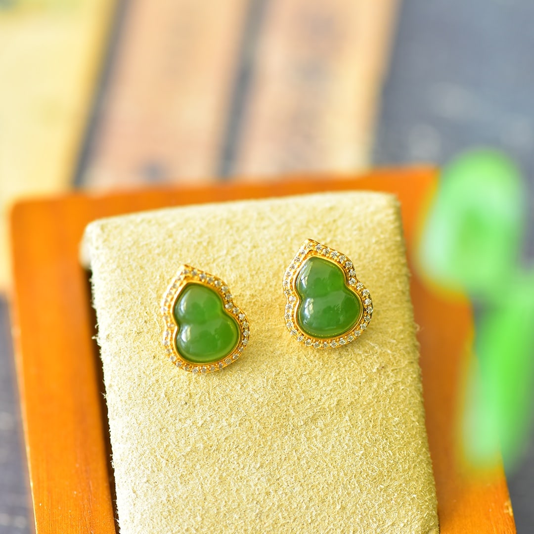 A Pair of Exquisite Sterling Silver-Gold Plated Inlaid Jasper Earrings,Inlaid Diamond: A Pair of Exquisite Sterling Silver-Gold Plated Inlaid Jasper Earrings,Inlaid Diamond,Size:0.4inx0.5in 