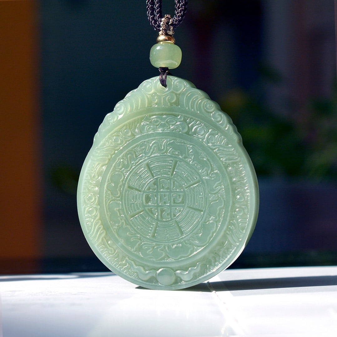 An Exquisite Greenish Jade Trigram Pattern Pendant: An Exquisite Greenish Jade Trigram Pattern Pendant,Size:1.8inx2.1in 青玉八卦纹挂件