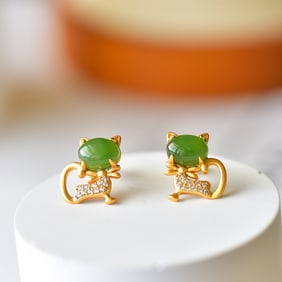 A Pair of Exquisite Sterling Silver-Gold Plated Inlaid Jasper Earring , Inlaid Diamonds