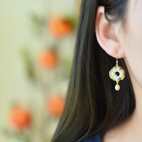 A Pair of Exquisite Sterling Silver-Gold Plated Inlaid White Jade Enamel Earrings,Inlaid Pearl