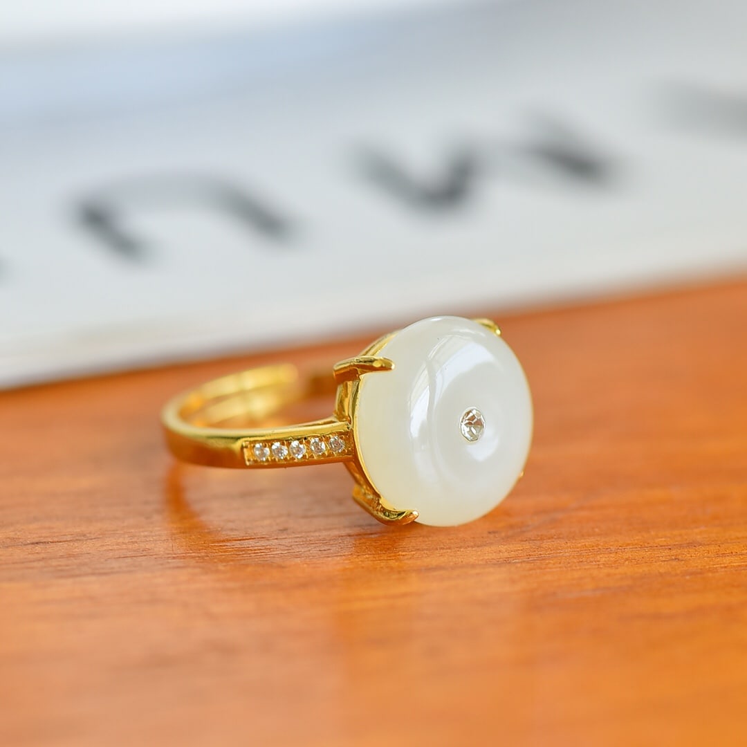 An Exquisite Sterling Silver-Gold Plated Inlaid White Jade Ring , Inlaid Diamond: Sterling Silver-Gold Plated Inlaid White Jade Ring , Inlaid Diamond , Size :0.5inx0.5in 