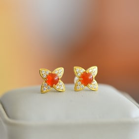 A Pair of Exquisite Sterling Silver-Gold Plated Inlaid Agate Earrings,Inlaid Diamond