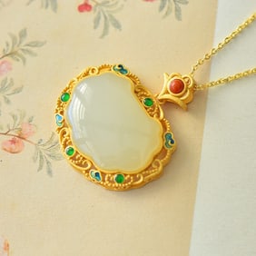 An Exquisite Sterling Silver-Gold Plated Inlaid White Jade Pendant,Inlaid Gems