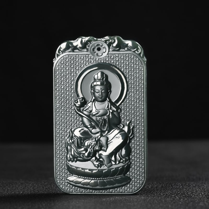 An Exquisite Cyan jade Statue of Manjusri Pendant: An Exquisite Cyan jade Statue of Manjusri Pendant,Size:2.7inx1.6inx0.3in 青玉文殊菩萨像挂件