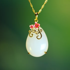 An Exquisite Sterling Silver-Gold Plated Inlaid White Jade Enamel Pendant