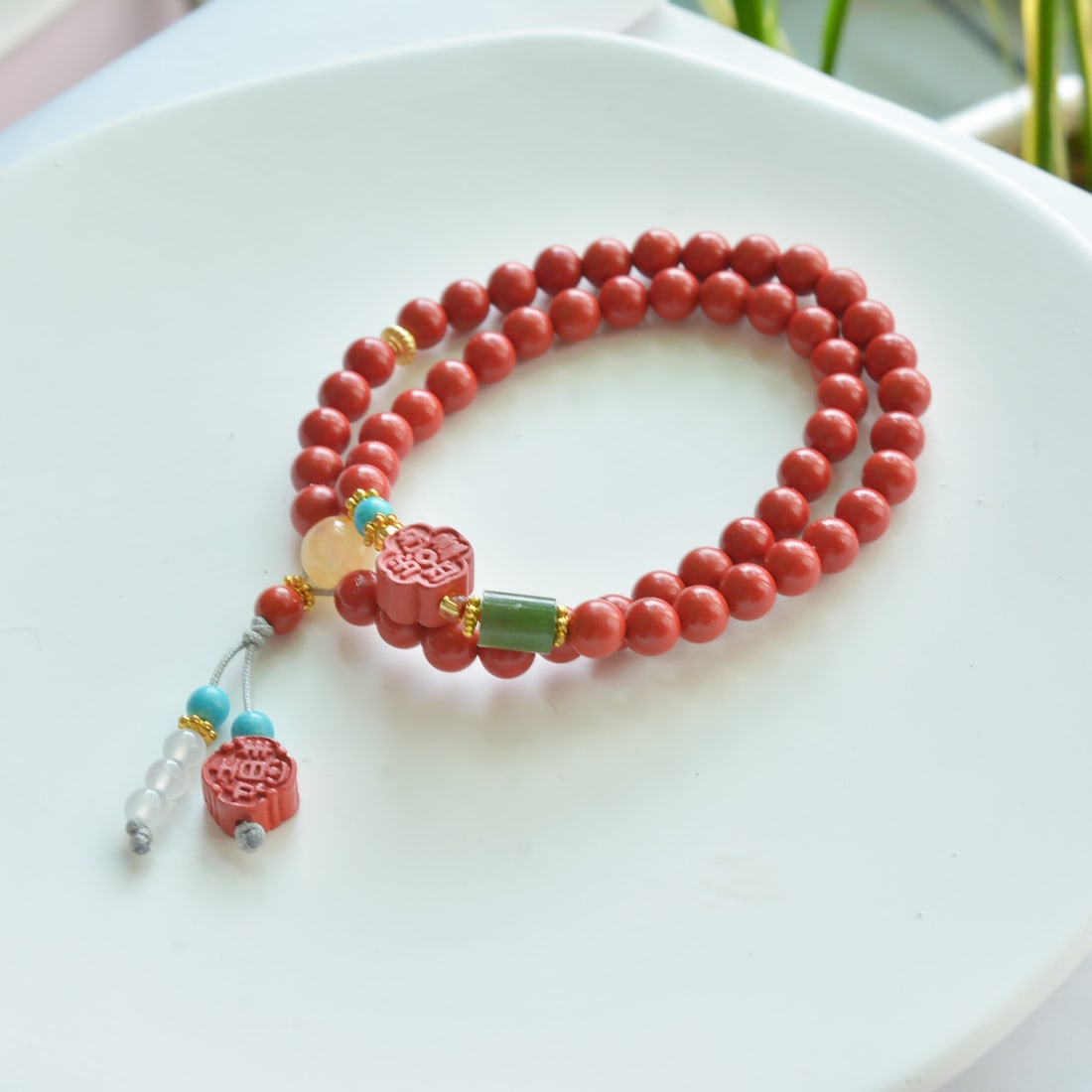 An Exquisite Cinnabar with Jasper Bracelets - 2