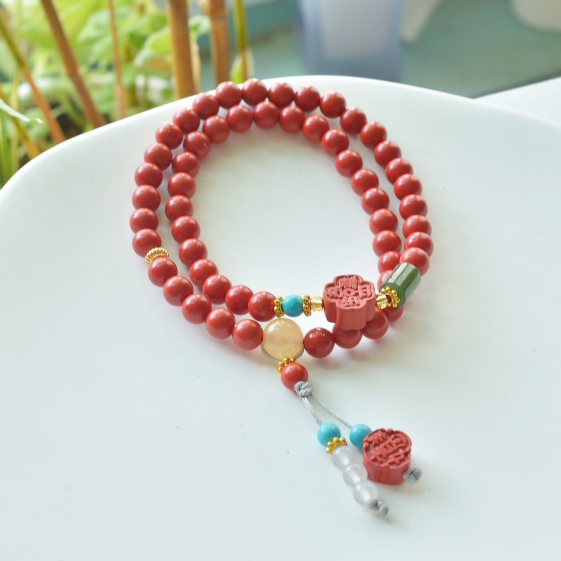 An Exquisite Cinnabar with Jasper Bracelets - 3