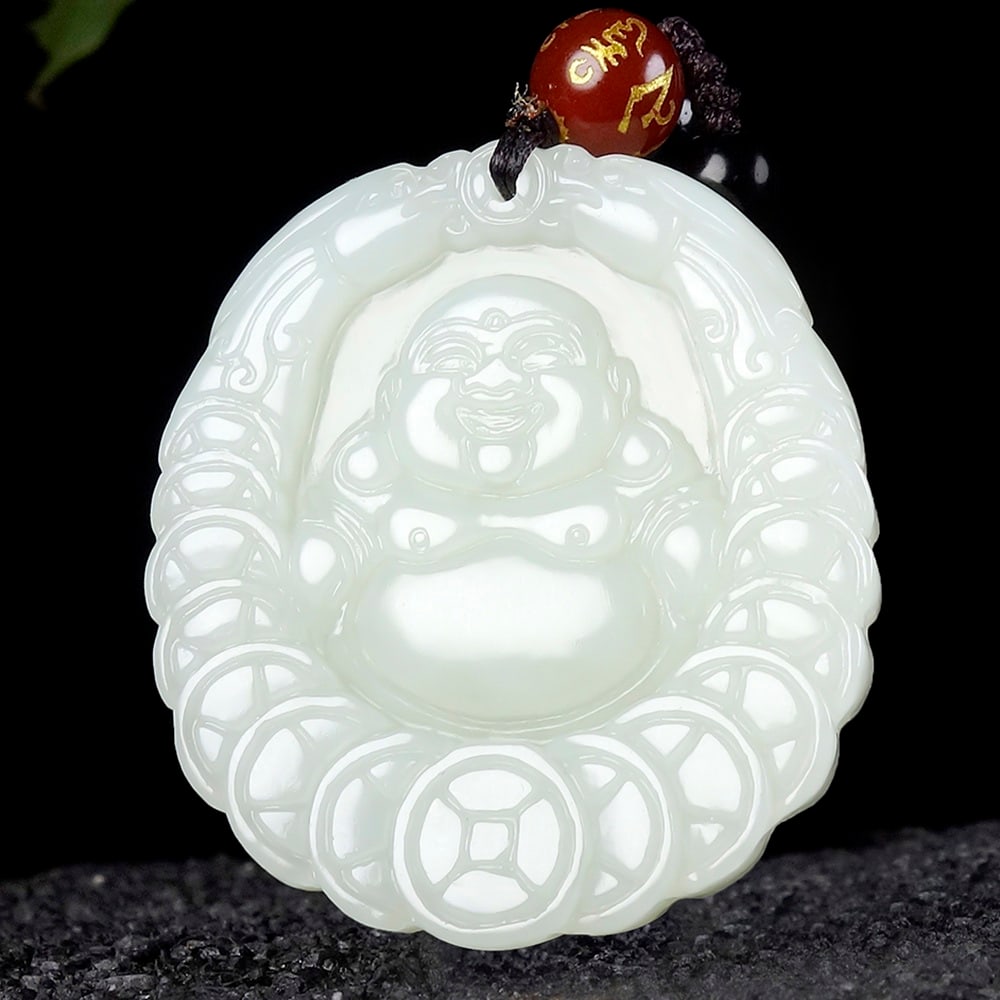 An Exquisite White Jade Statue of Maitreya Buddha Pendant: An Exquisite White Jade Statue of Maitreya Buddha Pendant,Size:1.7inx1.5inx0.3in 白玉弥勒佛像挂件