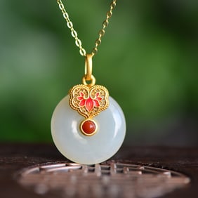 An Exquisite Sterling Silver-Gold Plated Inlaid White Jade Pendant