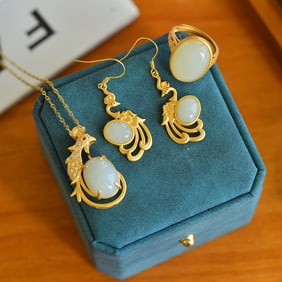 A Set of Fine Sterling Silver-Gold Plated Inlaid White Jade Jewelrys