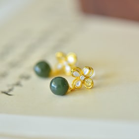 A Pair of Exquisite Sterling Silver-Gold Plated Inlaid Jasper Earrings,Inlaid Diamond