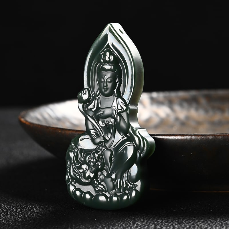An Exquisite Cyan jade Statue of Manjusri Pendant: An Exquisite Cyan jade Statue of Manjusri Pendant,Size:2.4inx1.2inx0.3in 青玉文殊菩萨像挂件