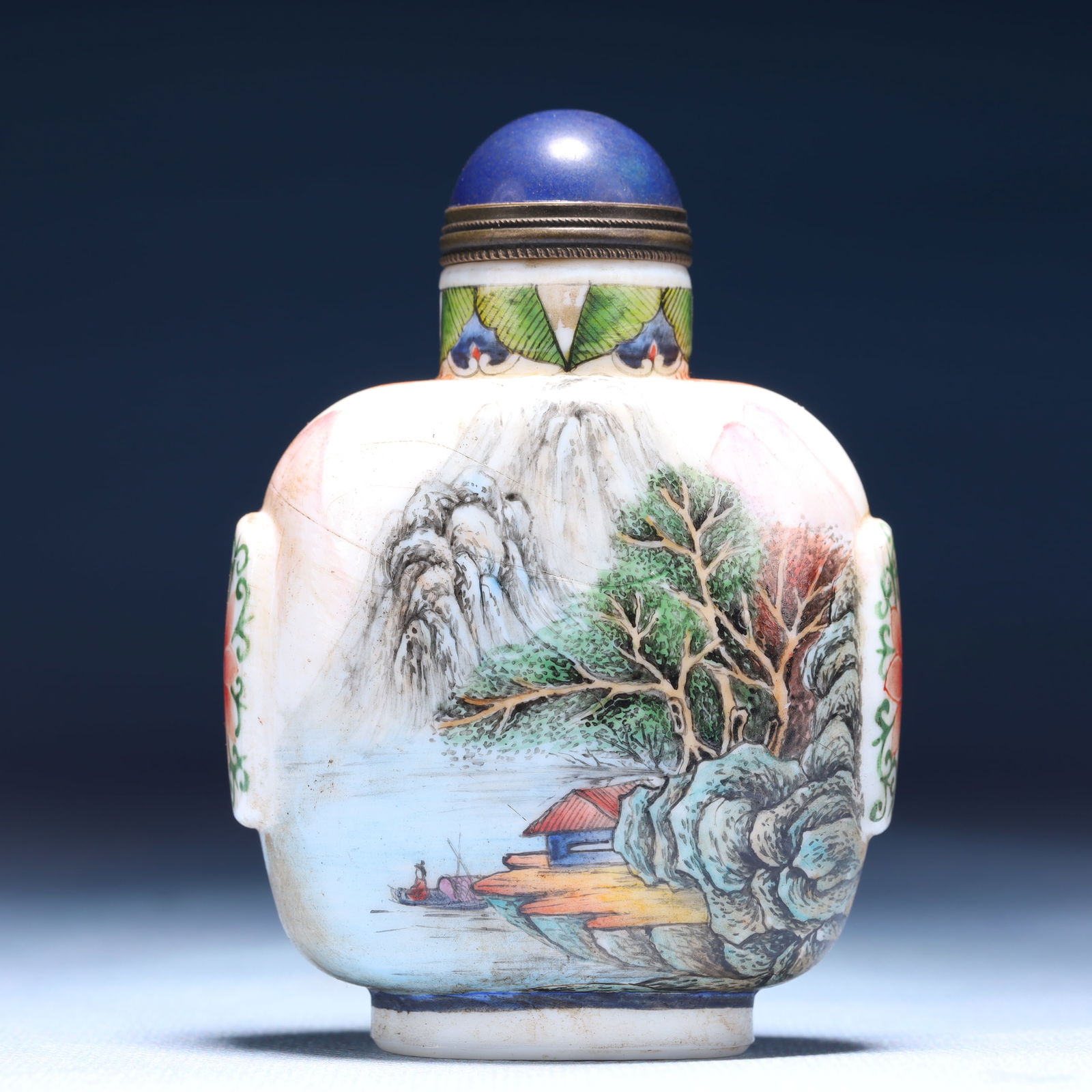An Exquisite Glass Landscape and Figure Pattern Snuff Bottle: An Exquisite Glass Landscape and Figure Pattern Snuff Bottle,Qing Dynasty,China,Qianlong Four-character Mark,Size:2.6inx1.2inx3.5in,Weight:119g 琉璃山水人物纹