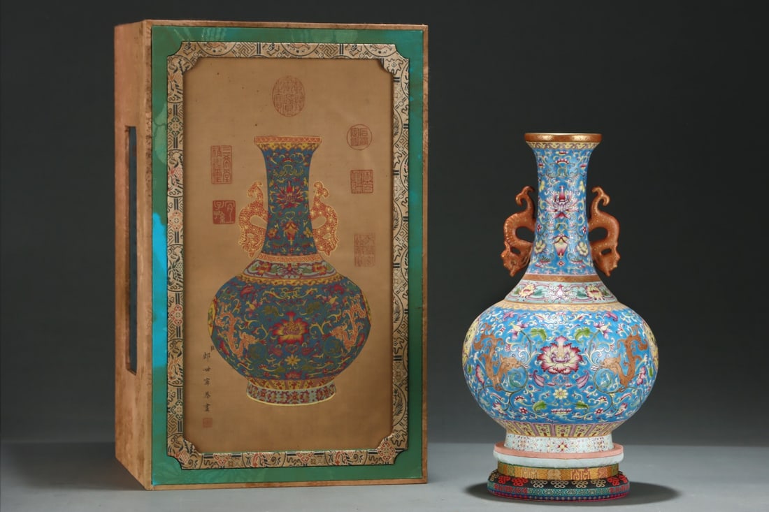 A Rare Blue Ground Famille-Rose Lotus and Dragon Pattern Double-Ears Vase: A Rare Blue Ground Famille-Rose Lotus and Dragon Pattern Double-Ears Vase,Qing Dynasty,China,Qianlong Four-character Mark,Size:13.2inx8.3in 蓝地粉彩缠枝莲(