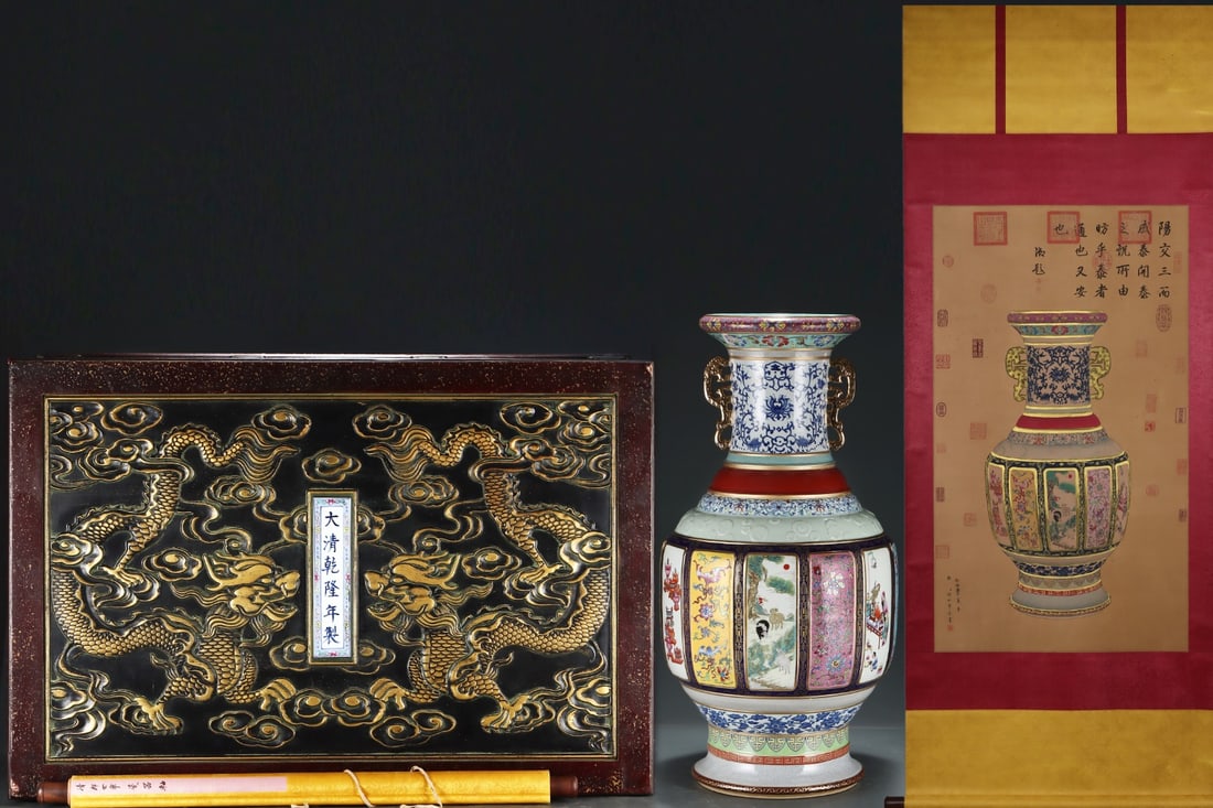 A Huge Enamel Lotus Pattern Double-Ears Vase,with Chinese Vertical Scroll Ink Painting on Silk: A Huge Enamel Lotus Pattern Double-Ears Vase,with Chinese Vertical Scroll Ink Painting on Silk,Qing Dynasty,China,Qianlong Six-character Mark,Size:(Porcelain)33.5inx16.9in,(Without frame)42.1inx24in &