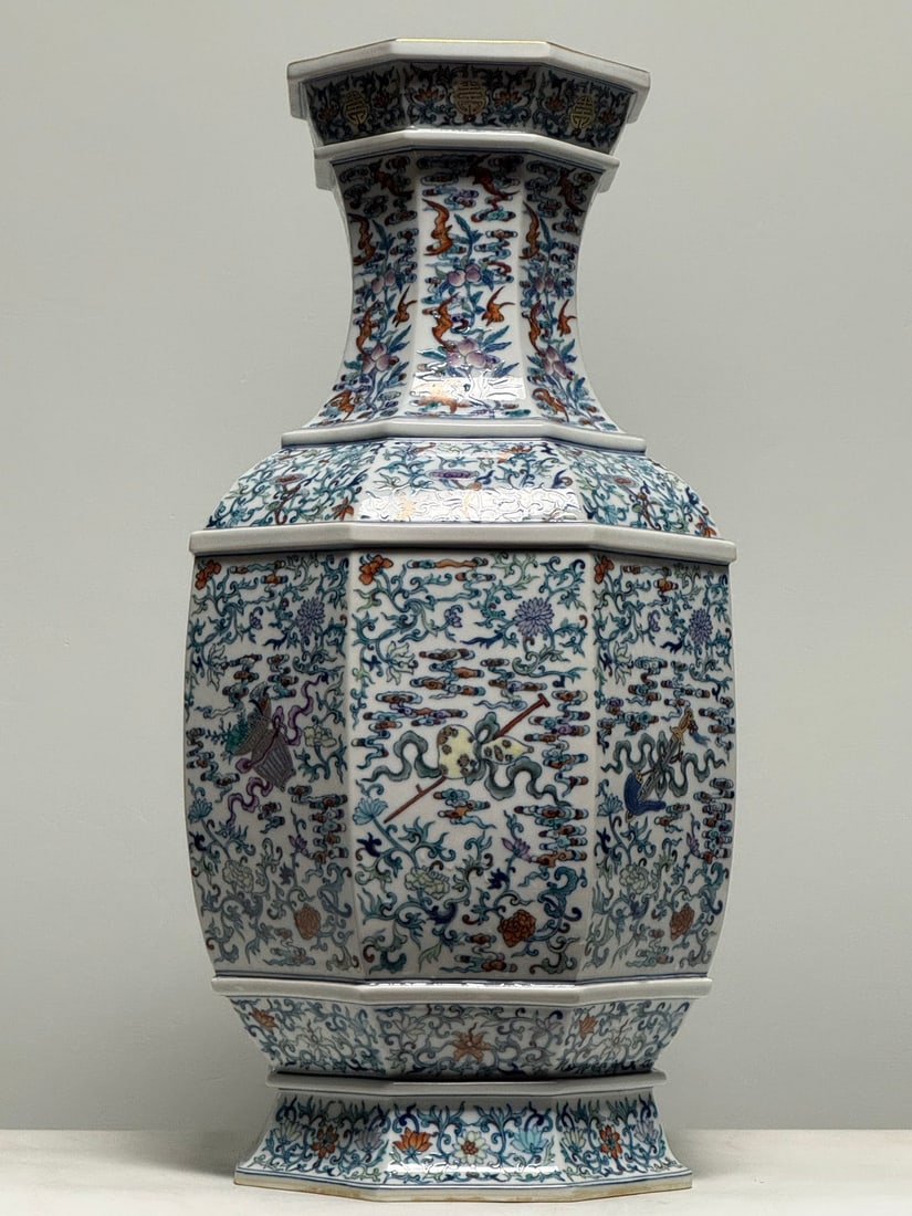 A Huge Doucai Eight Treasures Pattern Vase: A Huge Doucai Eight Treasures Pattern Vase,Qing Dynasty,China,Qianlong Six-character Mark,Size:20.1inx10in 