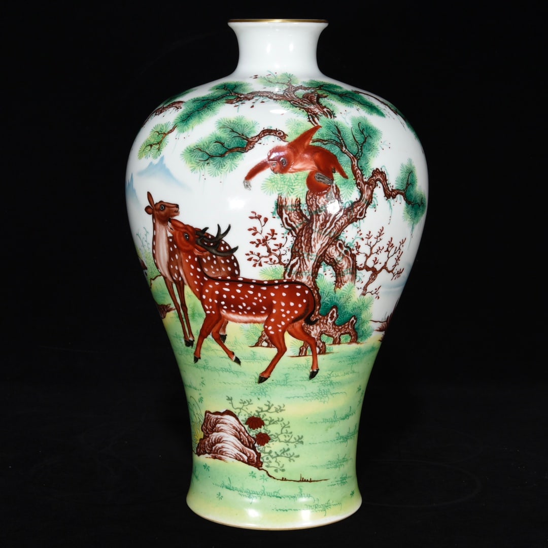A Rare Enamel Pine and Deer Pattern Vase,with Poem: A Rare Enamel Pine and Deer Pattern Vase,with Poem,Qing Dynasty,China,Qianlong Six-Character Mark,Size:12.4inx7.5in 