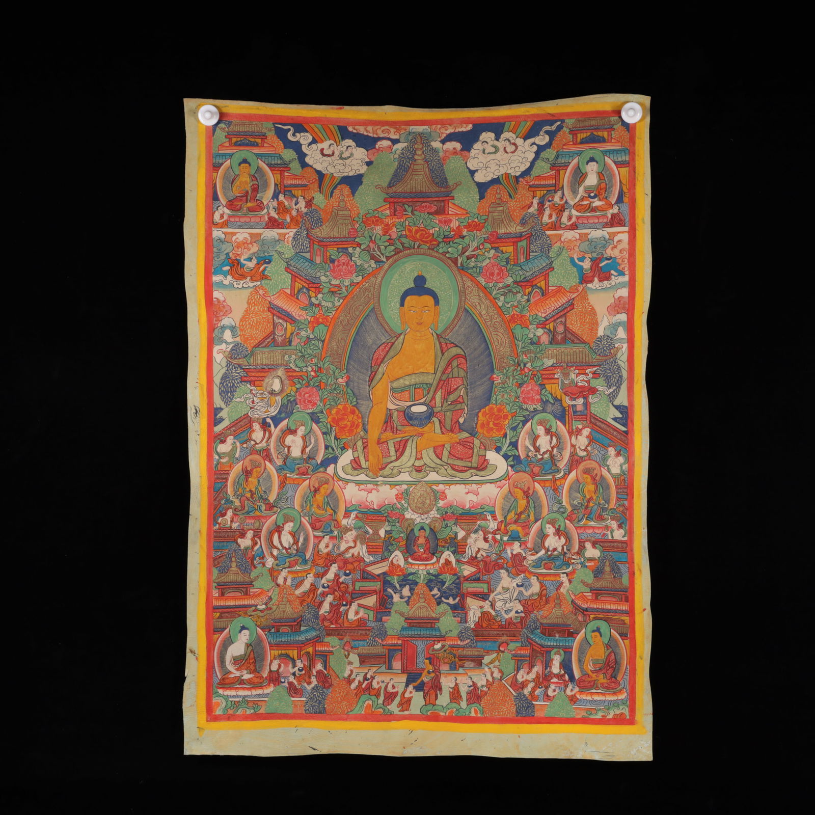 A Rare Cowhide Painted Color Statue of Sakyamuni Tangka: A Rare Cowhide Painted Color Statue of Sakyamuni Tangka,Qing Dynasty, China,Size:26inx36.6in 