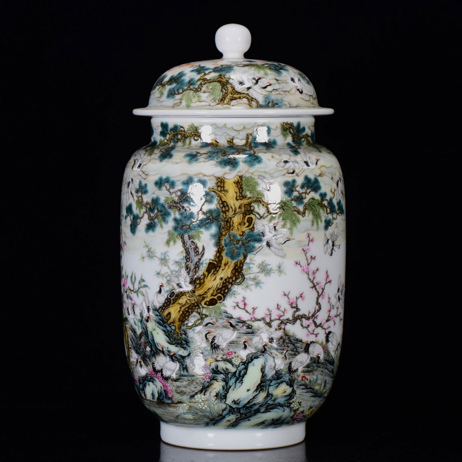 An Exquisite Famille-Rose Pine and Crane Pattern Jar with Cover,with poem: An Exquisite Famille-Rose Pine and Crane Pattern Jar with Cover,with poem,Qing Dynasty,China,Yongzheng Four-character Mark,Size:11.8inx6.3in 