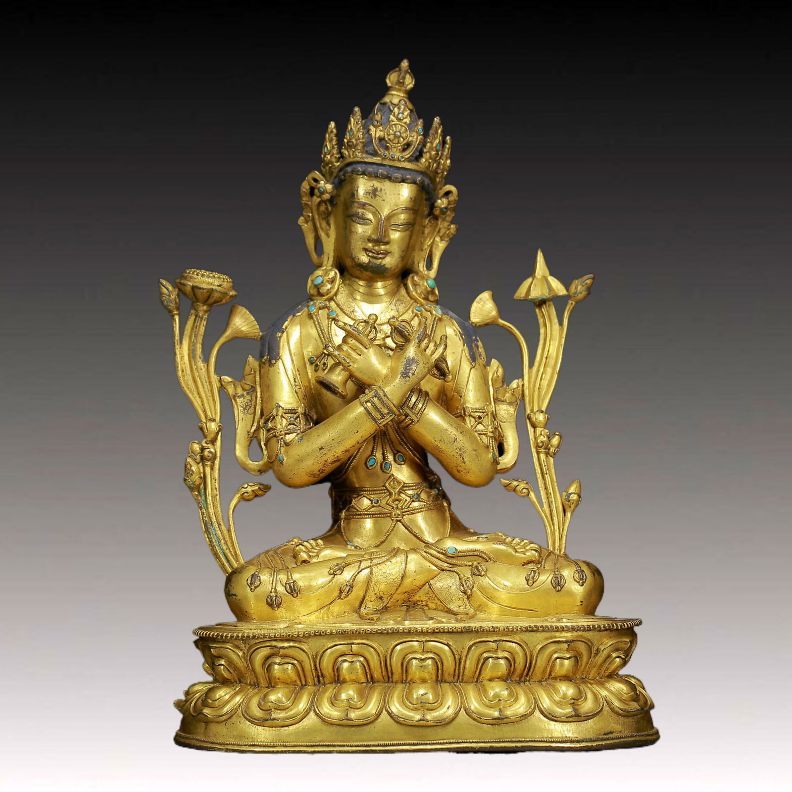 A Solemn Gilt Bronze Inlaid Turquoise Statue of Vajrasattva: A Solemn Gilt Bronze Inlaid Turquoise Statue of Vajrasattva,Ming Dynasty, China,Size: 9.8inx7.1inx13.8in,Weight:7075g 