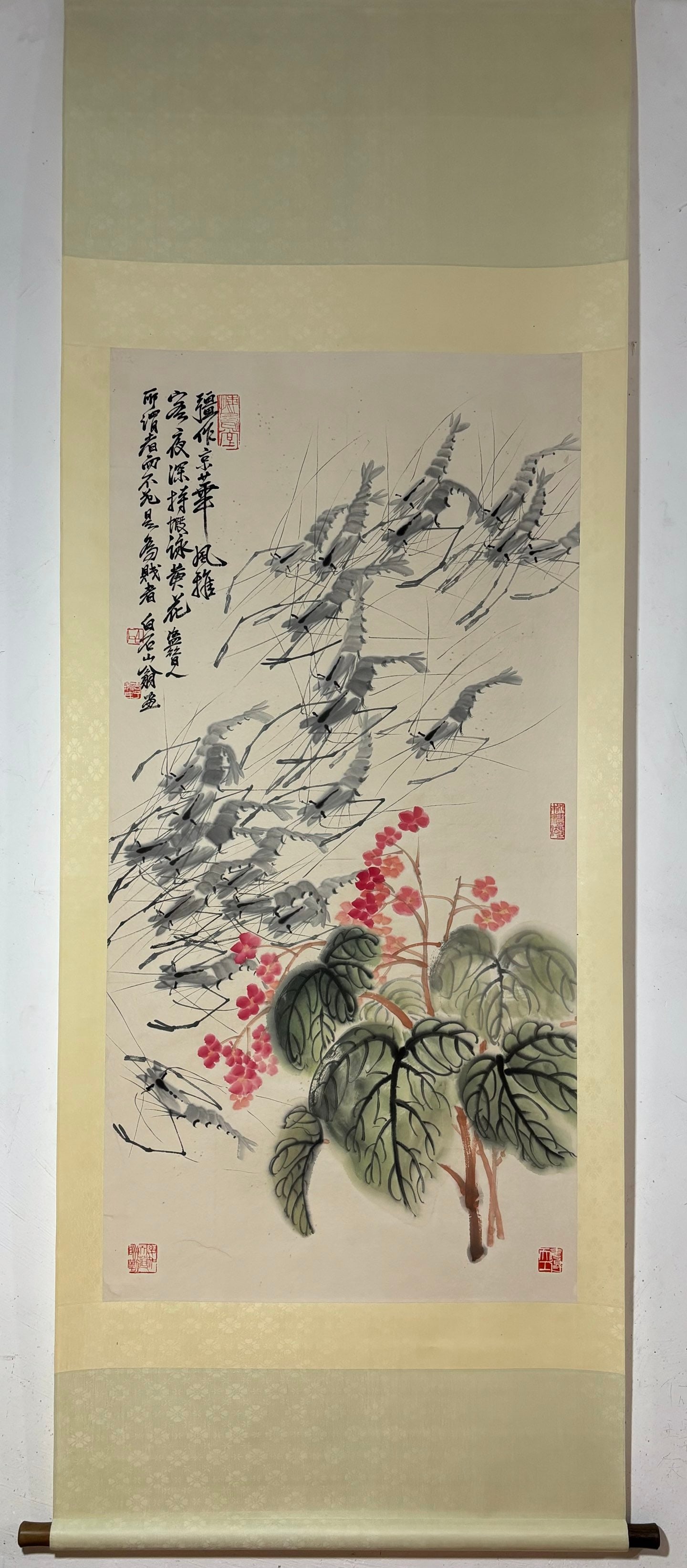 A Chinese Vertical Scroll Ink Painting of Shrimp on Paper: A Chinese Vertical Scroll Ink Painting of Shrimp on Paper,Qi Baishi,Size:53.5inx26.8in 一幅中国水墨虾画立轴,齐白石