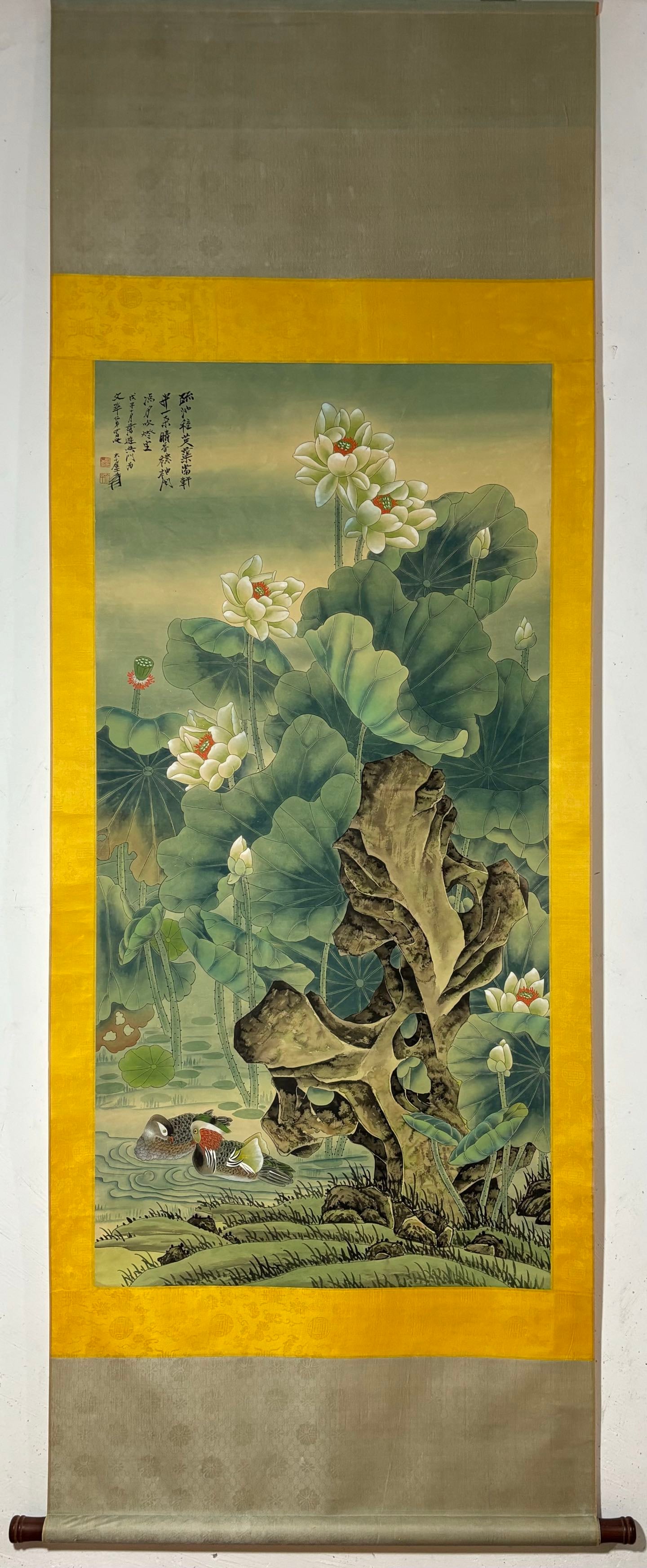 A Chinese Vertical Scroll Ink Painting of Lotus on Paper: A Chinese Vertical Scroll Ink Painting of Lotus on Paper,Zhang Daqian,Size:51.6inx25.6in 