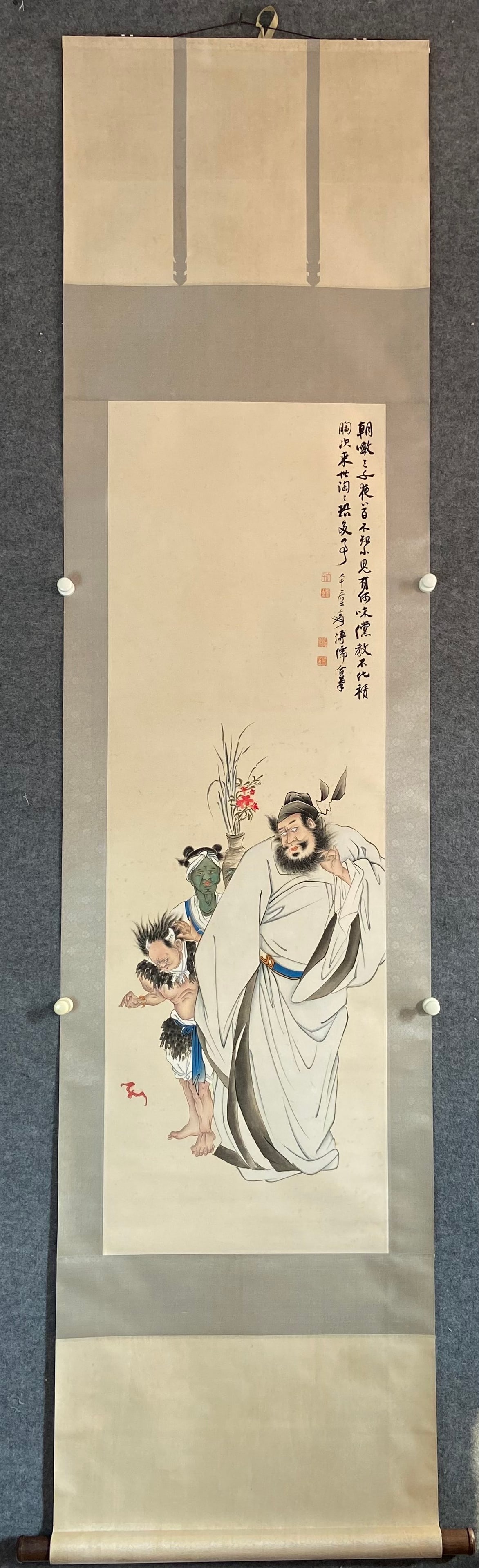 A Chinese Vertical Scroll Ink Painting of Character and Story on Paper: A Chinese Vertical Scroll Ink Painting of Character and Story on Paper,Pu Ru,Size:16.9inx50.8in 