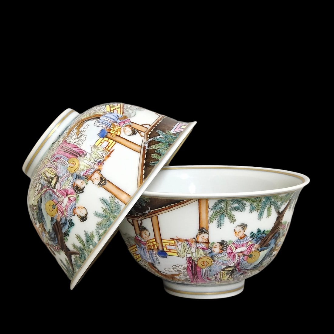 A Pair of Exquisite Famille-Rose Character and Story Pattern Bowls: A Pair of Exquisite Famille-Rose Character and Story Pattern Bowls,Qing Dynasty,China,Qianlong Six-character Mark,Size:2.6inx4.7in 