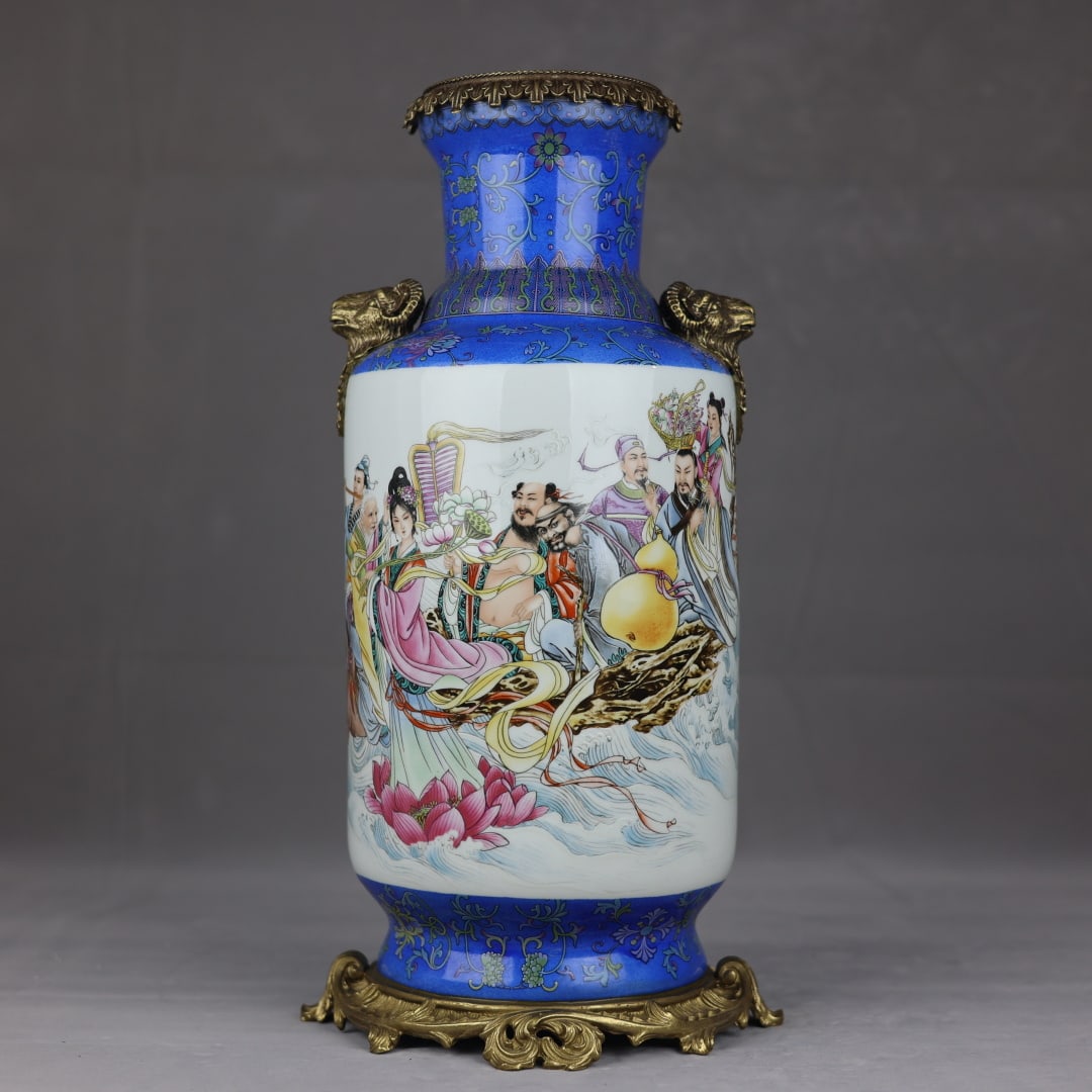 A Huge Enamel Inlaid Bronze Figure and Story Pattern Sheep-Ears Vase: A Huge Enamel Inlaid Bronze Figure and Story Pattern Sheep-Ears Vase,Qing Dynasty,China,Qianlong Four-Character Mark,Size:17.5inx7.1in 