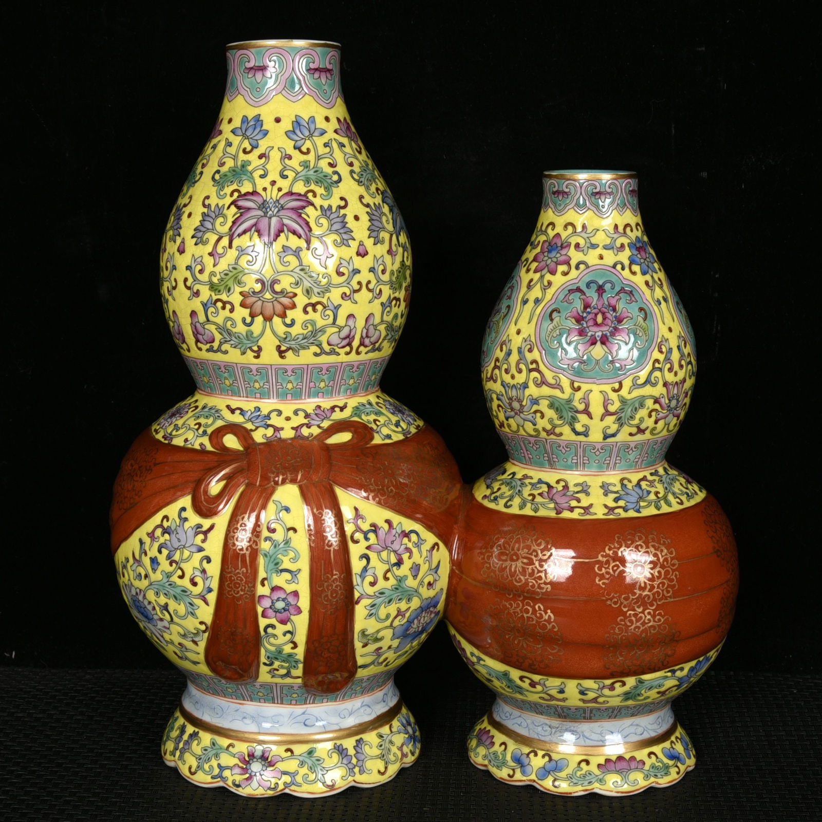 An Exquisite Yellow Ground Enamel Lotus Pattern Conjoined bottles: An Exquisite Yellow Ground Enamel Lotus Pattern Conjoined bottles,Qing Dynasty,China,Yongzheng Four-character Mark,Size:10.8inx9.4inx5.5in 