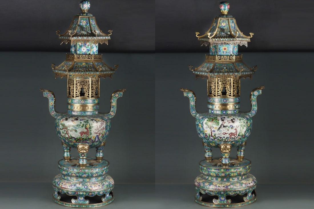 A Pair of Exquisite Cloisonne Auspicious Cloud and Phoenix Pattern Double-Ears and Tripod: A Pair of Exquisite Cloisonne Auspicious Cloud and Phoenix Pattern Double-Ears and Tripod Censers,with Base,Qing Dynasty,China,Qianlong Mark,Size:59.4inx25ins 