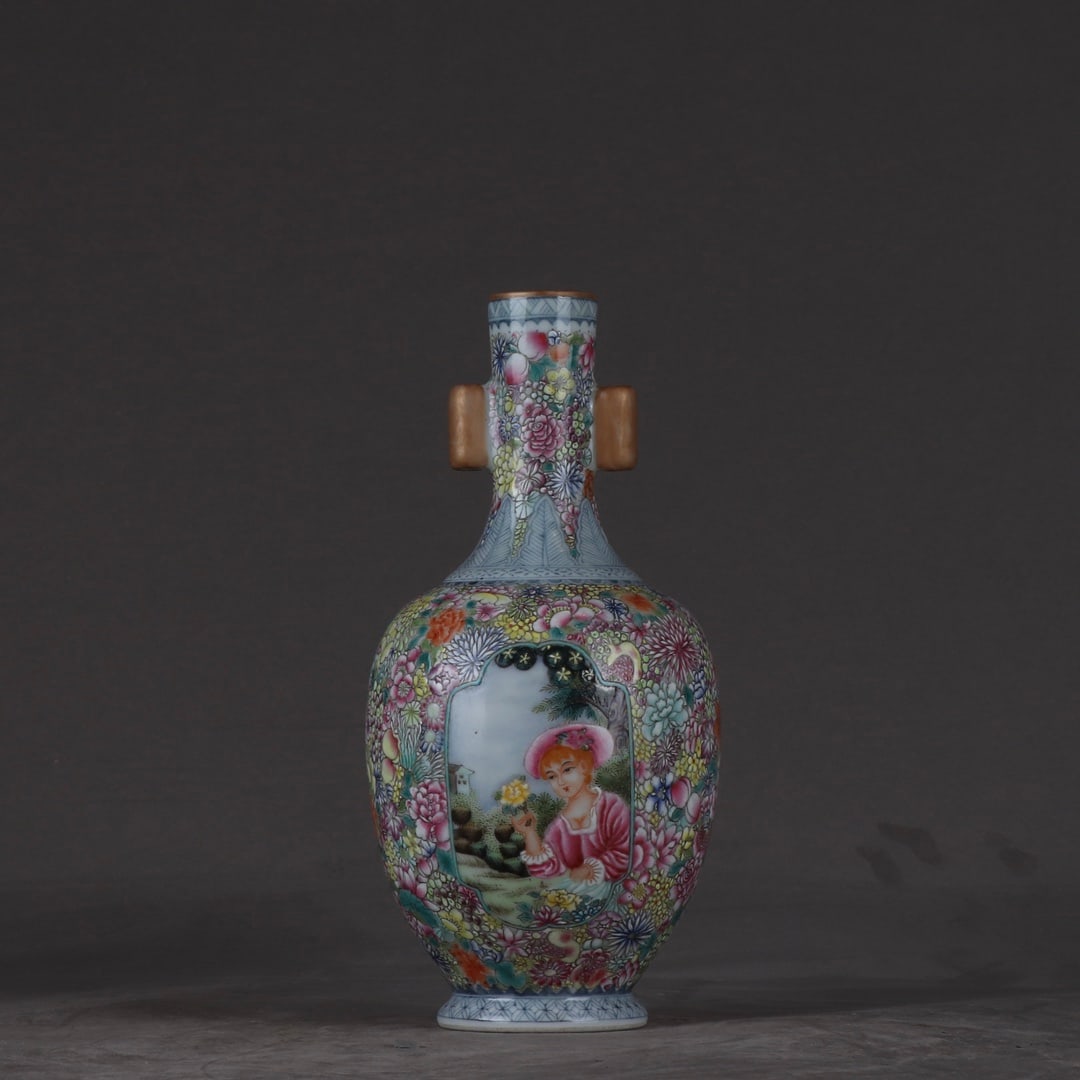 An Exquisite Enamel Painted Gold Figure Pattern Double-Ears Vase: An Exquisite Enamel Painted Gold Figure Pattern Double-Ears Vase,Qing Dynasty,China,Qianlong Four-character Mark,Size:8.1inx3.9in 