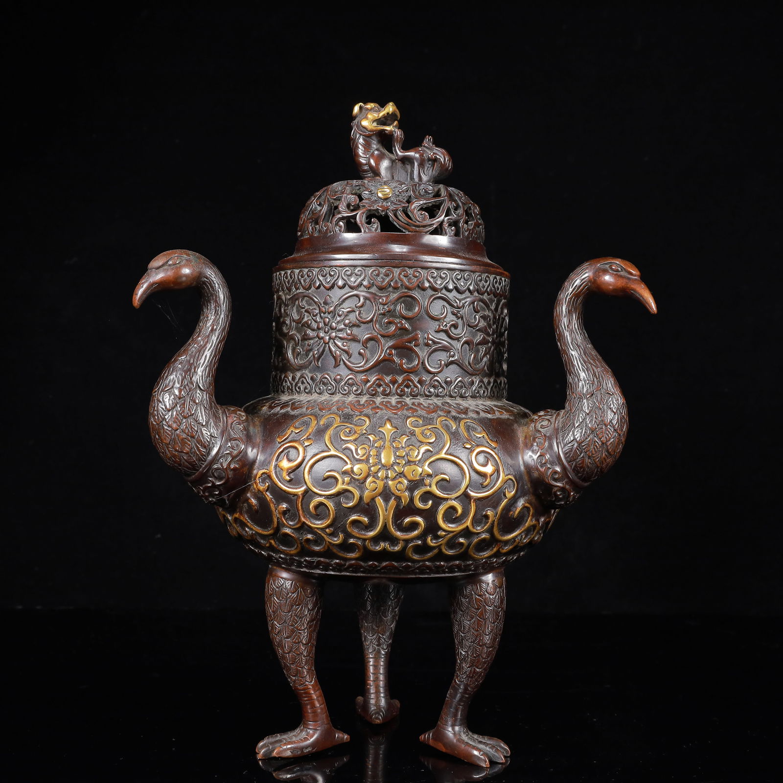 A Rare Gilt Bronze Flower Pattern Double-Ears and Tripod Censer: A Rare Gilt Bronze Flower Pattern Double-Ears and Tripod Censer,Ming Dynasty,China,With Mark,Size:8.3inx11in,Weight:4450g 