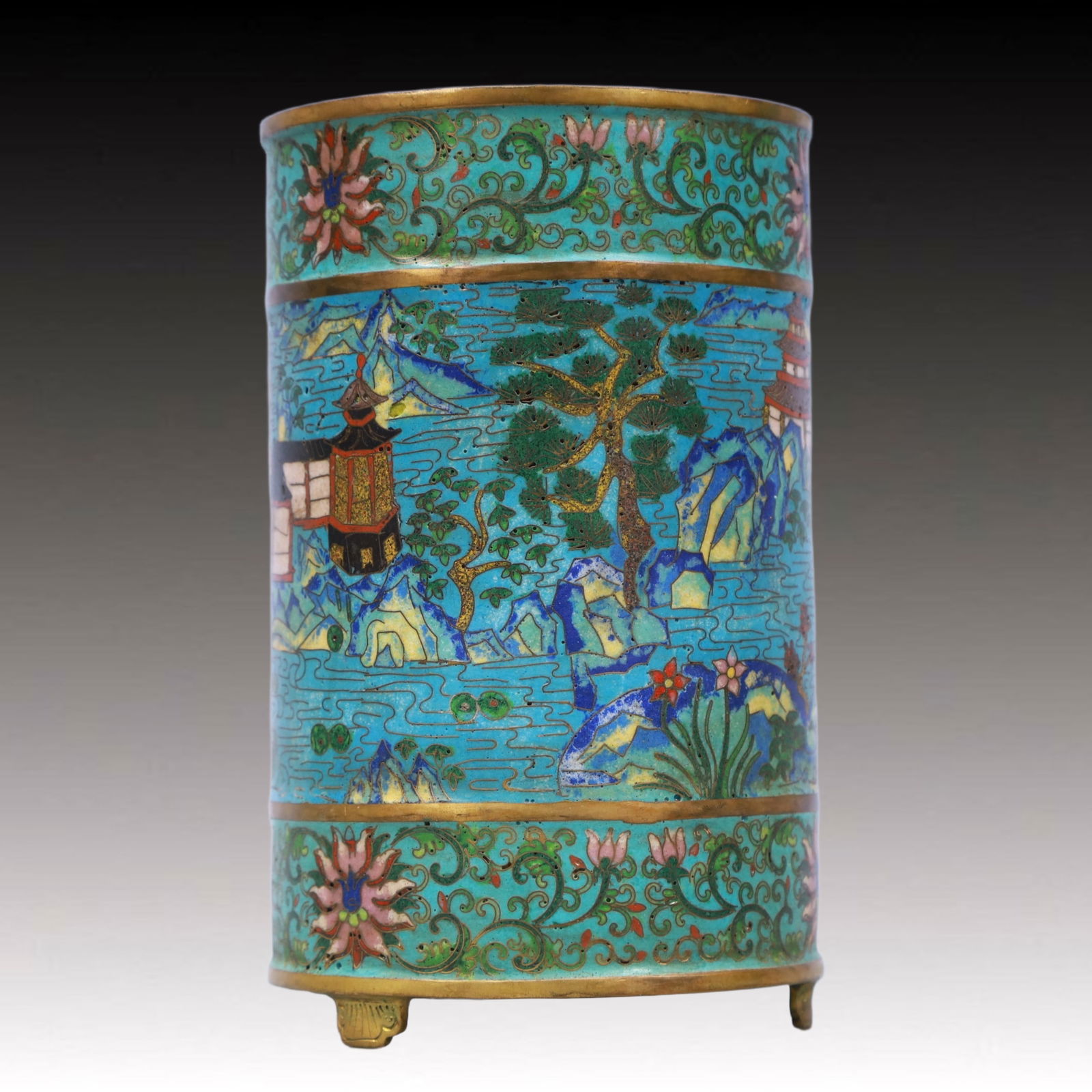 An Exquisite Cloisonne Landscape Pattern Brush Pot: An Exquisite Cloisonne Landscape Pattern Brush Pot,Qing Dynasty, China,Qianlong Four-character Mark,Size:4.1inx6.7in,Weight:1250g 