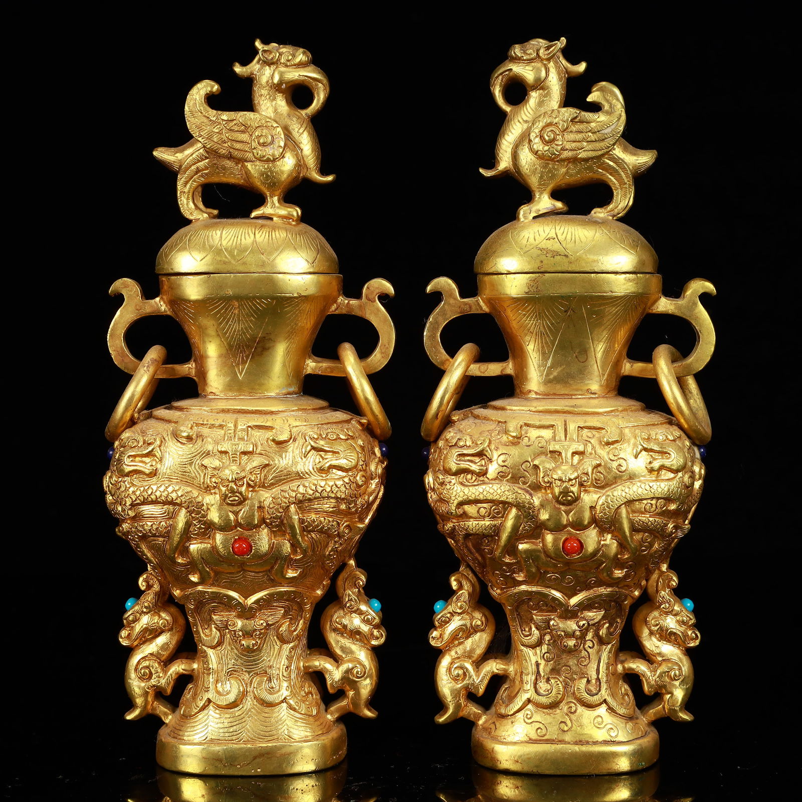 A Pair of Rare Gilt Bronze Figure Pattern Double-Ears Vases,Inlaid Gems: A Pair of Rare Gilt Bronze Figure Pattern Double-Ears Vases,Inlaid Gems,The Warring States period in China,Size:3.1inx2.4inx7.9in,Weight:2300g 