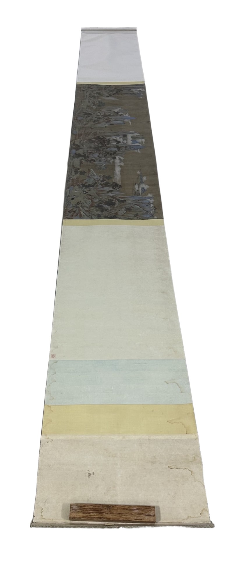 A Chinese Hand Scroll Ink Painting of Landscape and Figure on Paper: A Chinese Hand Scroll Ink Painting of Landscape and Figure on Paper,Chou Ying,Size:(Entirety)165.4inx20.9in,(Without Frame)63.4inx20.5in 