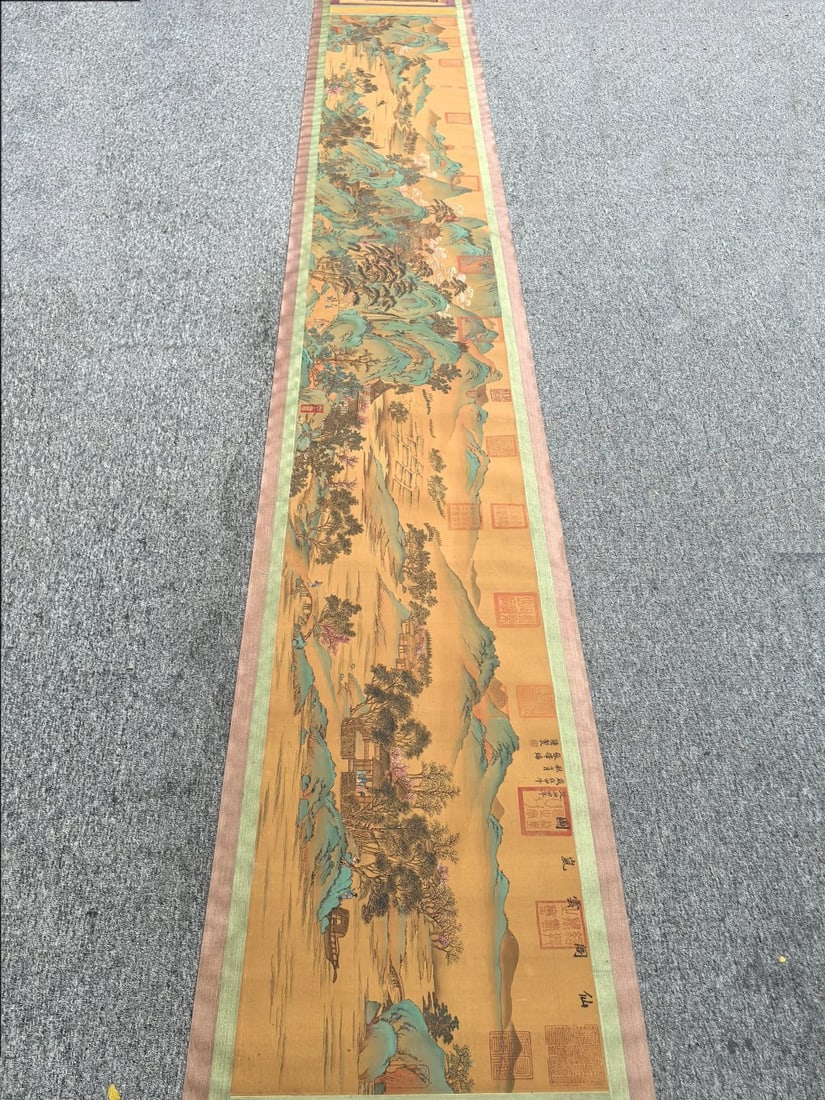 A Chinese Hand Scroll Ink Painting of Landscape and Figure on Silk: A Chinese Hand Scroll Ink Painting of Landscape and Figure on Silk,Zhang Zeduan,Size:(entirety)23.3inx334.6in,(Without frame)18.6inx137.8in 一幅中国水墨绢