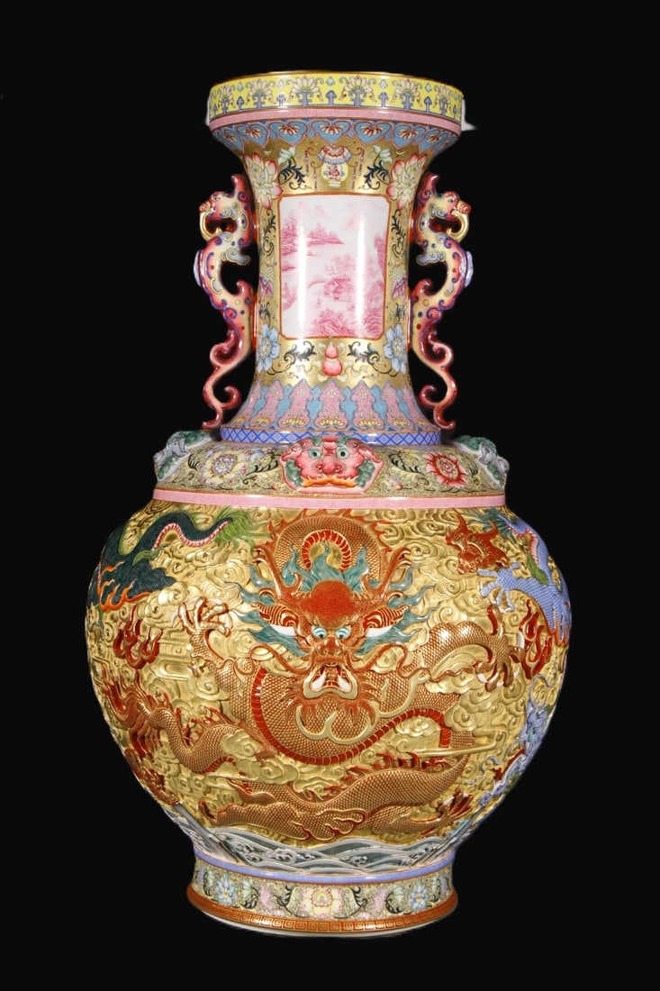 A Huge Enamel Gold Ground Auspicious Cloud and Dragon Pattern Double-Ears Vase: A Huge Enamel Gold Ground Auspicious Cloud and Dragon Pattern Double-Ears Vase,Qing Dynasty,China,Yongzheng Four-character Mark,Size:26inx8.9in 