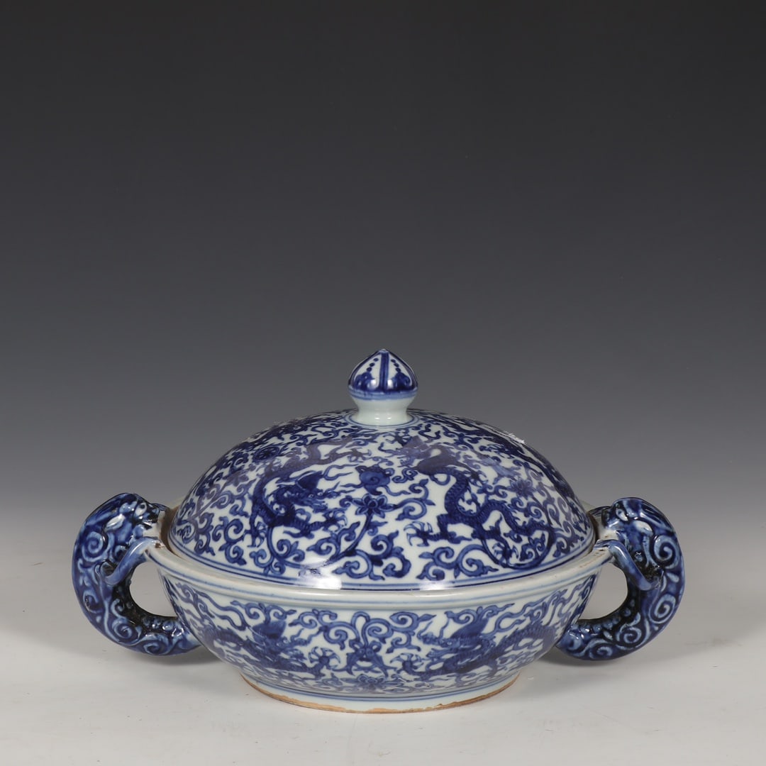 An Exquisite Blue and White Lotus and Dragon Pattern Elephant-Ears Bowl with Cover: An Exquisite Blue and White Lotus and Dragon Pattern Elephant-Ears Bowl with Cover,Ming Dynasty,China,Jiajing Six-Character Mark,Size:6.5inx11.4in 